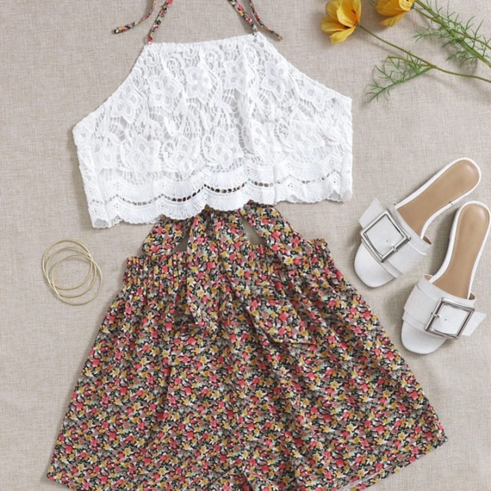 tie backless lace halter top with floral shorts